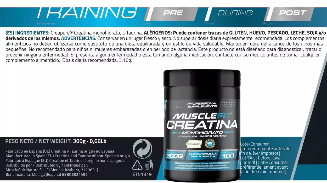 Proteína monohidrato MuscleFit ingredientes y seguridad