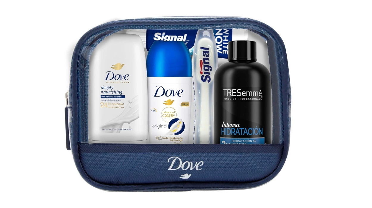 neceser de viaje Dove Mini para mujer con 5 productos esenciales