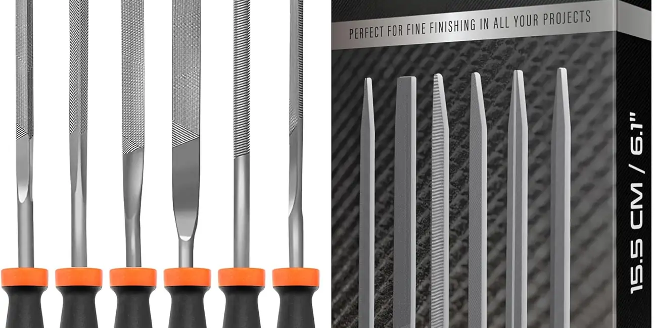 Needle File Set, 6 Needle Files for Wood, Metal, Plastic & Jewellery, Includes Small Round, Half-Round, Square, Triangle, Flat & Flat Pointed Files, Carpenter’s Toolkit for Fine Finishing