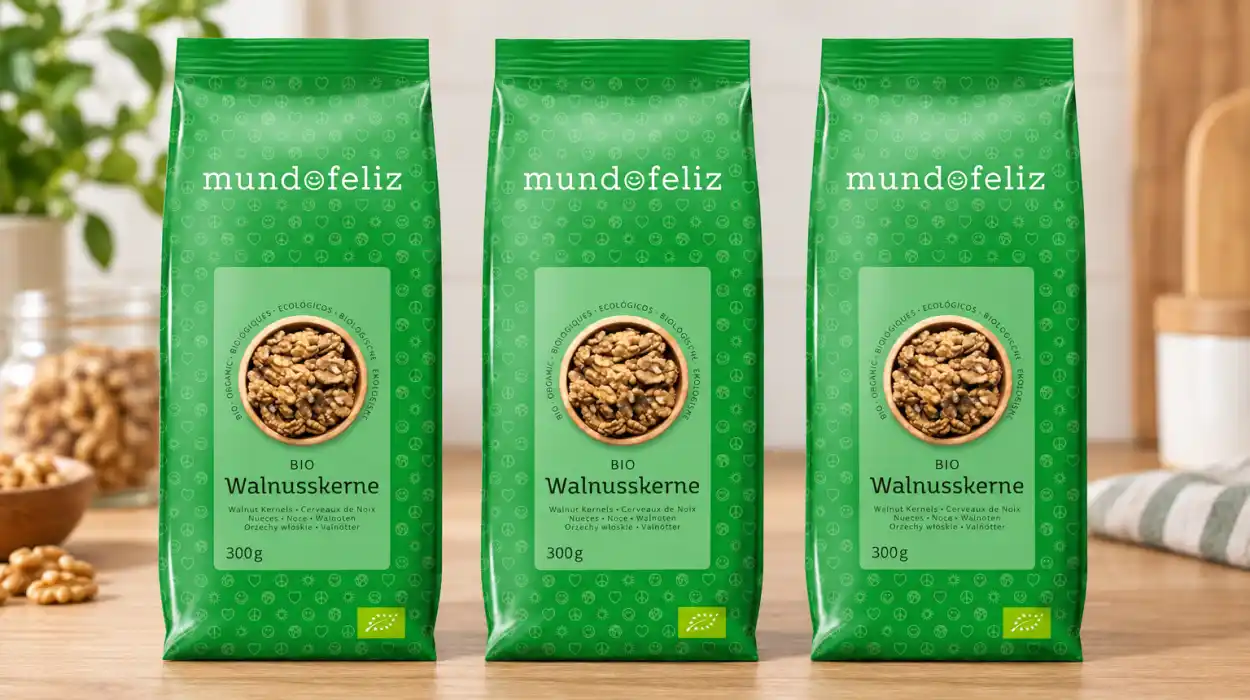 Pack x3 bolsas de nueces orgánicas Mundo Feliz partidas por la mitad de 300 g