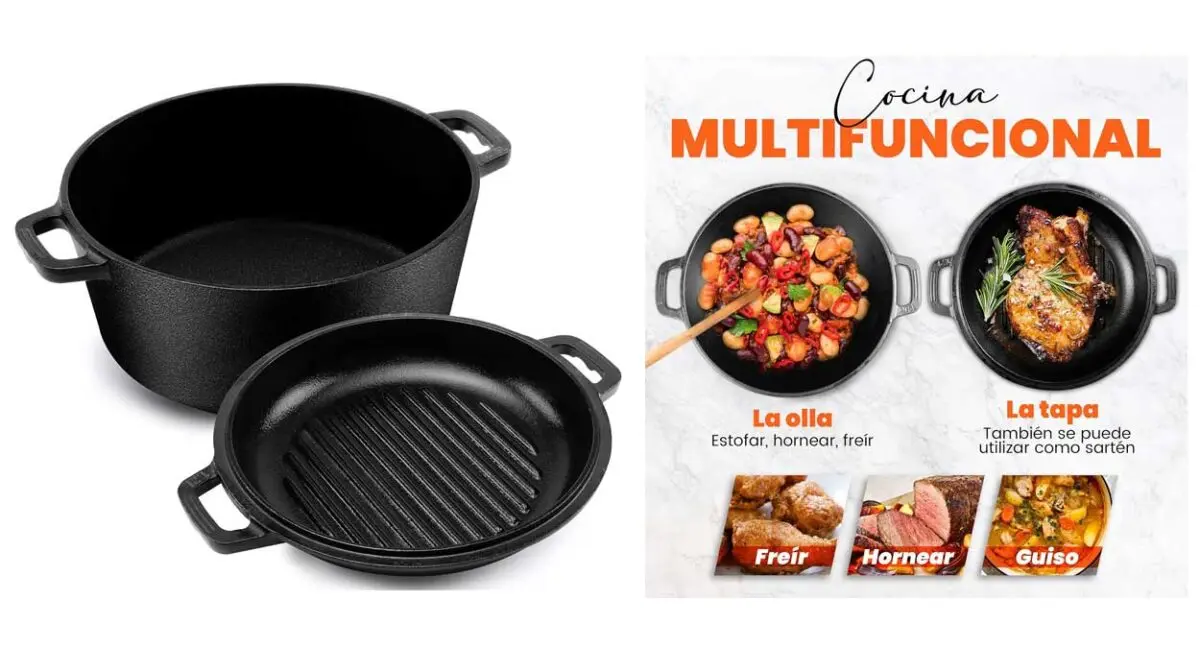 Olla de hierro fundido Kichly pre-sazonada 2 en 1 con tapa para asar