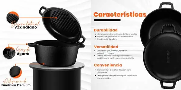 Kichly 2 en 1 Olla De Hierro Fundido Pre-Sazonada Con Tapa Para Asar oferta