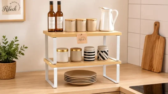 Organizador de especias extensible Ribech en bambú y metal para cocina y baño