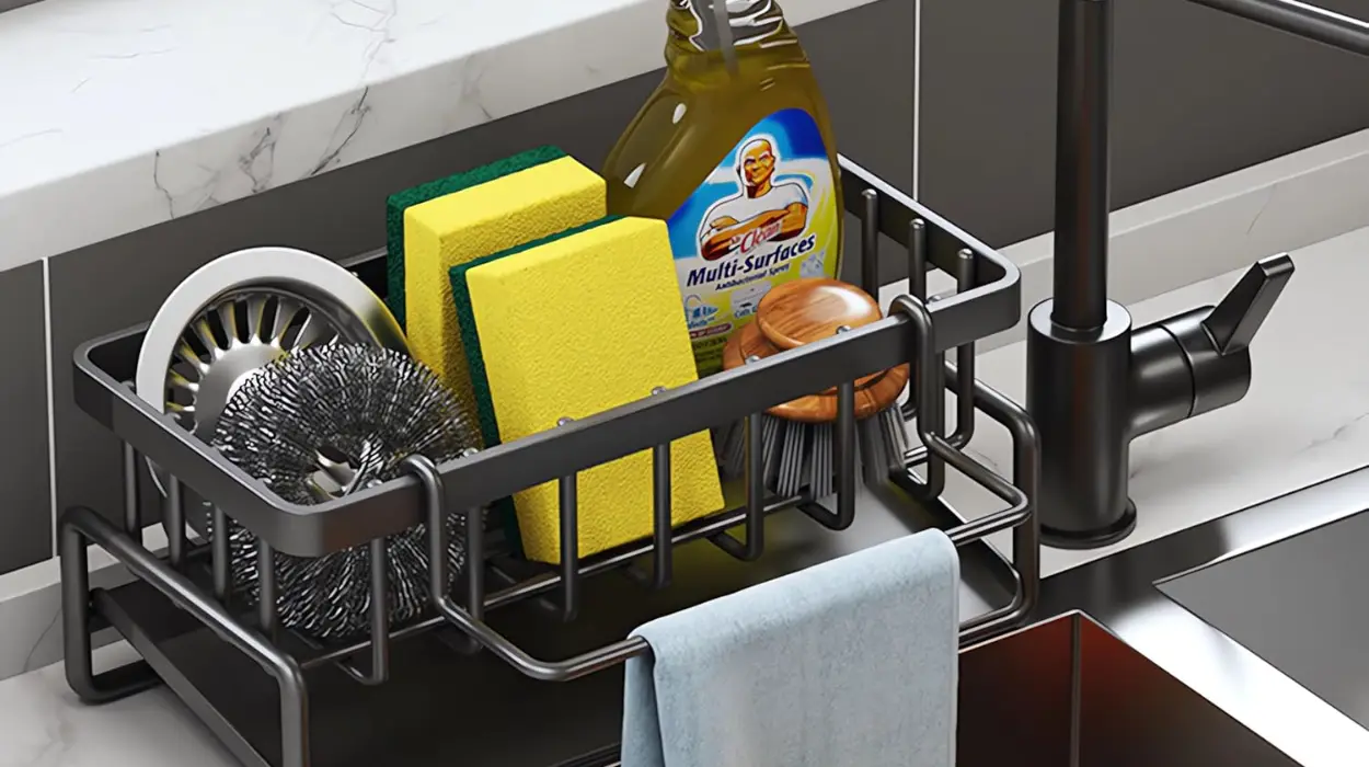 Organizador de cocina autodrenante ViWaVee, ideal para fregadero con soporte de esponja y toallero