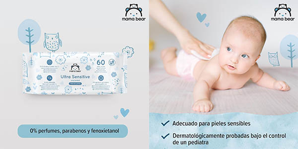 Pack de 720 toallitas húmedas biodegradables para bebé Mama Bear Ultra Sensitive