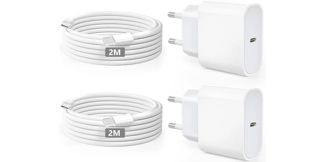 Pack 2x cargador USB-C Kndaa 20W + 2x cable USB-C de 2m