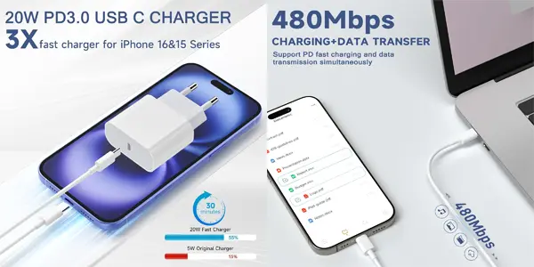 Pack 2x cargador USB-C Kndaa 20W + 2x cable USB-C de 2m