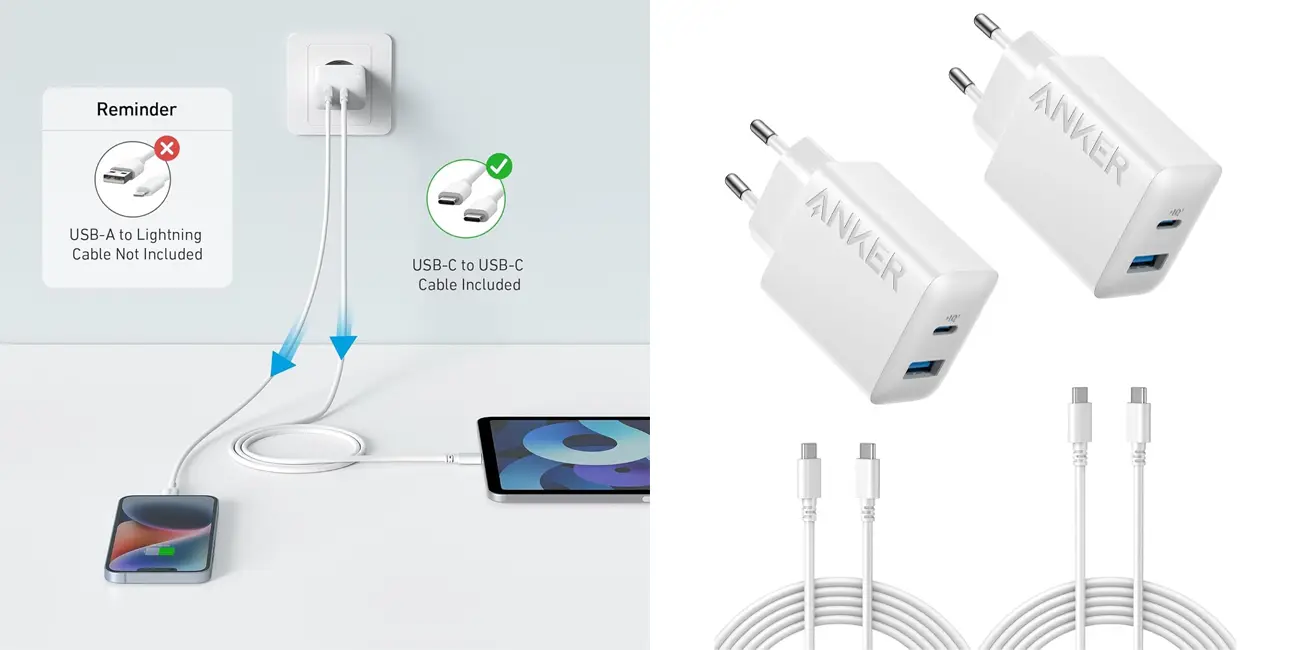 Pack 2x cargador múltiple Anker de 20W + 2x cable USB-C