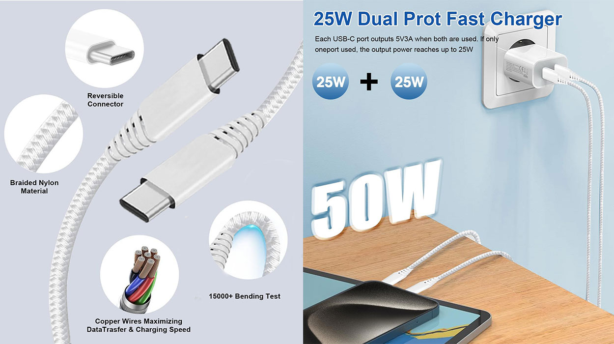 Pack de 2 cargadores con USB-C doble de 25 W y cable trenzado barato