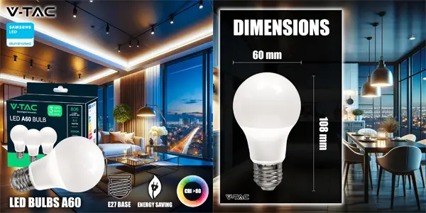 Pack de 3 bombillas LED V-TAC E27 A60 de 8,5W