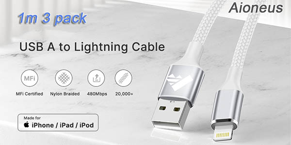 Pack 3x cables Lightning MFi Aioneus de 1m de nailon trenzado