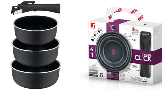 Pack de 3 cazos Bergner CLICK&COOK con mango intercambiable