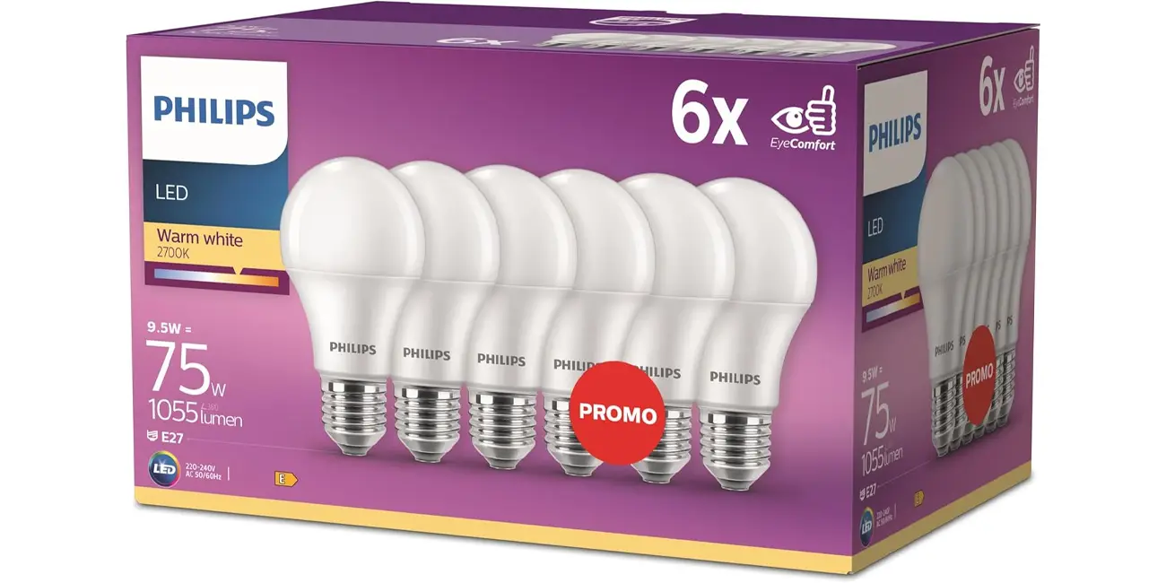 Pack de 6 bombillas LED Philips E27 de 9,5W