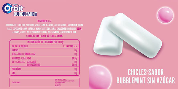 Pack de 6 botes de chicles sin azúcar Orbit Bubblemint barato