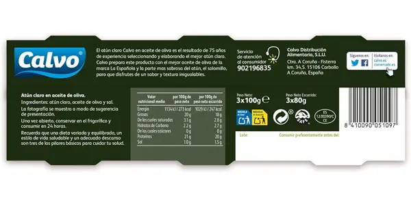 Pack 9x lata de atún claro Calvo en aceite de oliva La Española