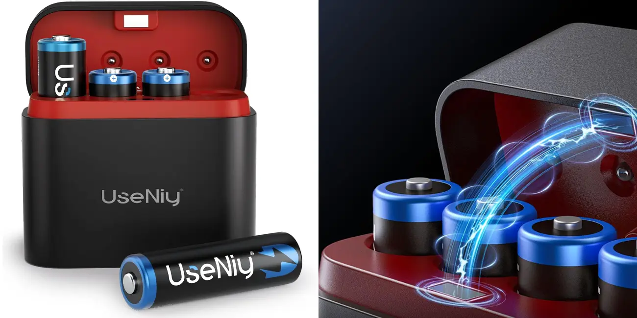 Pack de cargador UseNiy con 4 pilas AA recargables
