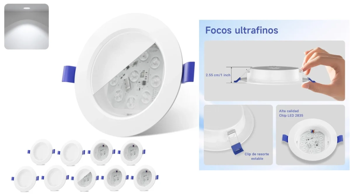Pack de 10 downlight LED empotrables extraplanos Novapollo de 9W y 720 lm, luz blanca fría