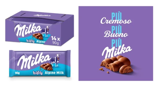 pack de 14 tabletas de chocolate con leche Milka Bubbly con burbujas