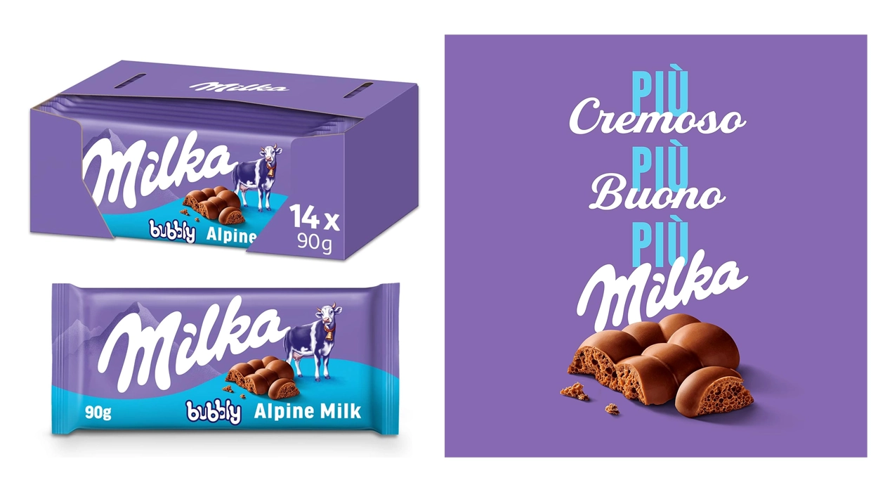 pack de 14 tabletas de chocolate con leche Milka Bubbly con burbujas