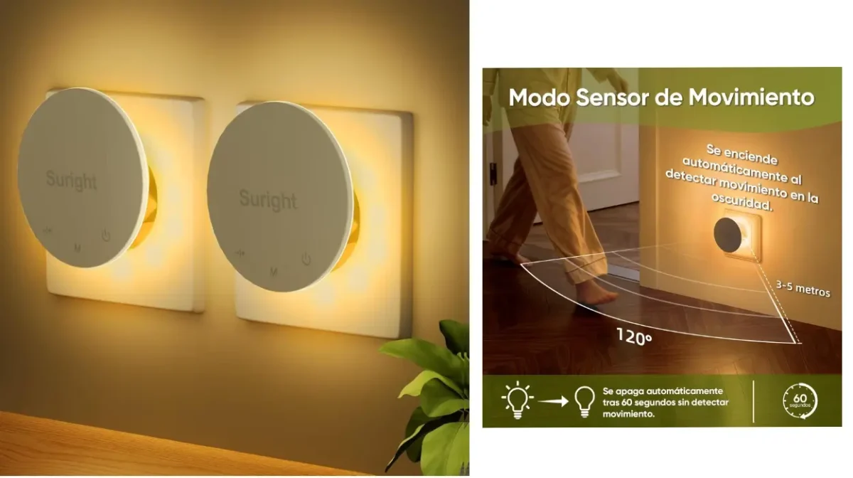 Pack de 2 luces nocturnas Suright con sensor de movimiento, brillo ajustable y 3 modos (luz cálida)