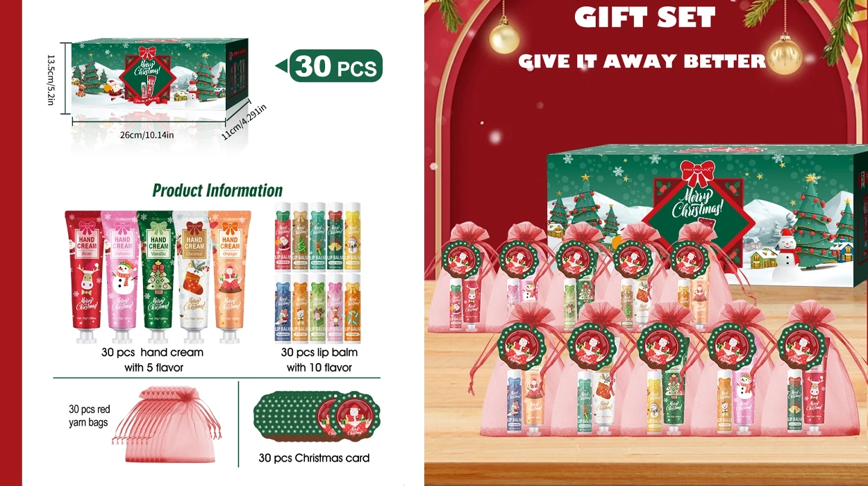 pack de 30 bolsitas de regalo con crema de manos y bálsamo labial