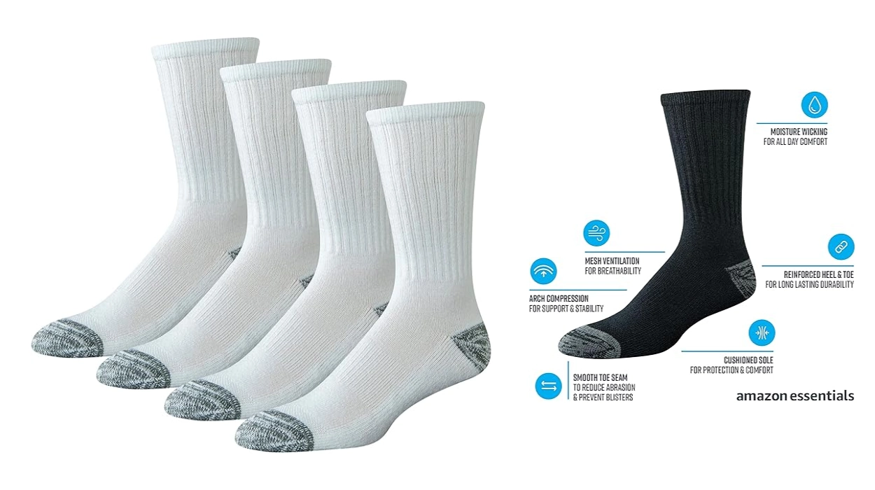 pack de 4 pares de calcetines de algodón de alto rendimiento Amazon Essentials para hombre