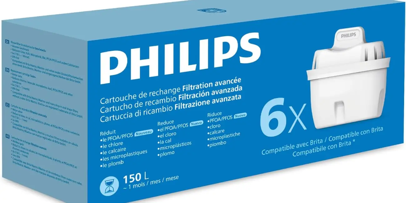 Pack de 6 cartuchos de filtro de agua Philips con filtración avanzada, compatibles con Brita