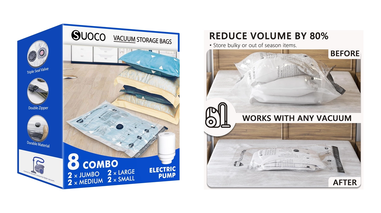 pack de 8 bolsas de almacenamiento al vacío para ropa Suoco con bomba eléctrica