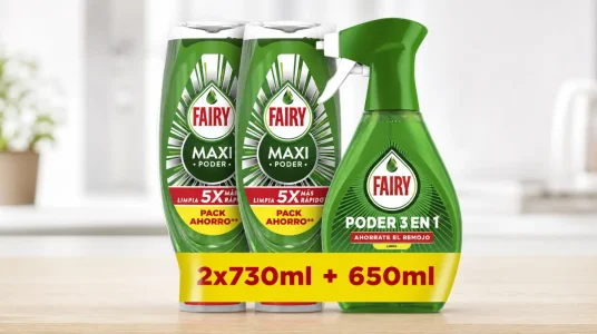 Lote de 2 Fairy Maxi Poder líquido lavavajillas de 730 ml y 1 spray Poder Sin Remojo Limón de 650 ml
