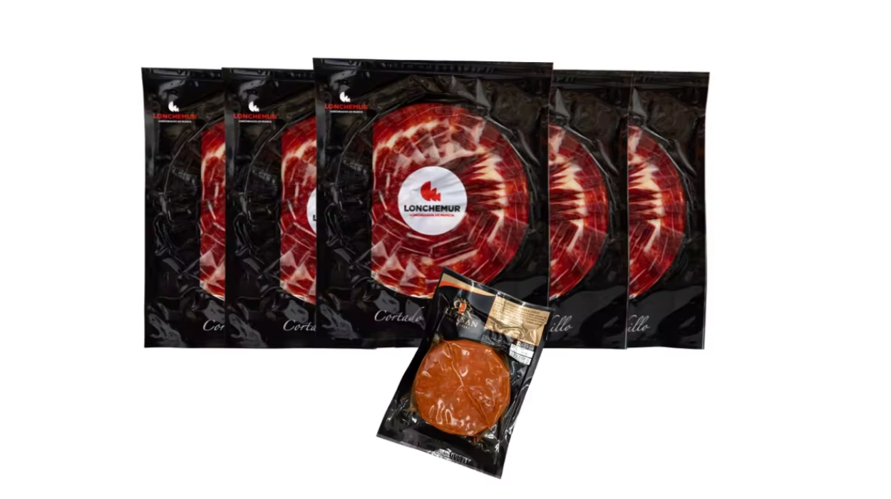 pack gourmet Lonchemur con 5 sobres de jamón ibérico de 100 g corte a cuchillo y sobrasada de regalo