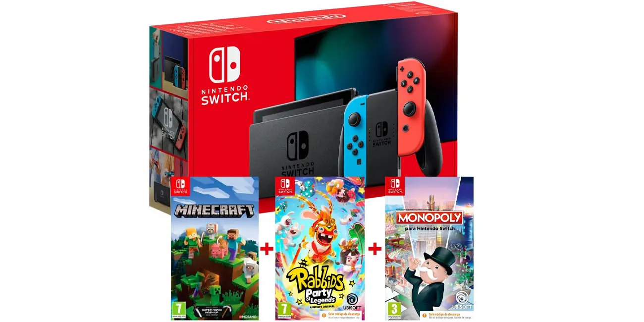 Pack Nintendo Switch Neon + Minecraft + Rabbids Party Of Legends + Monopoly