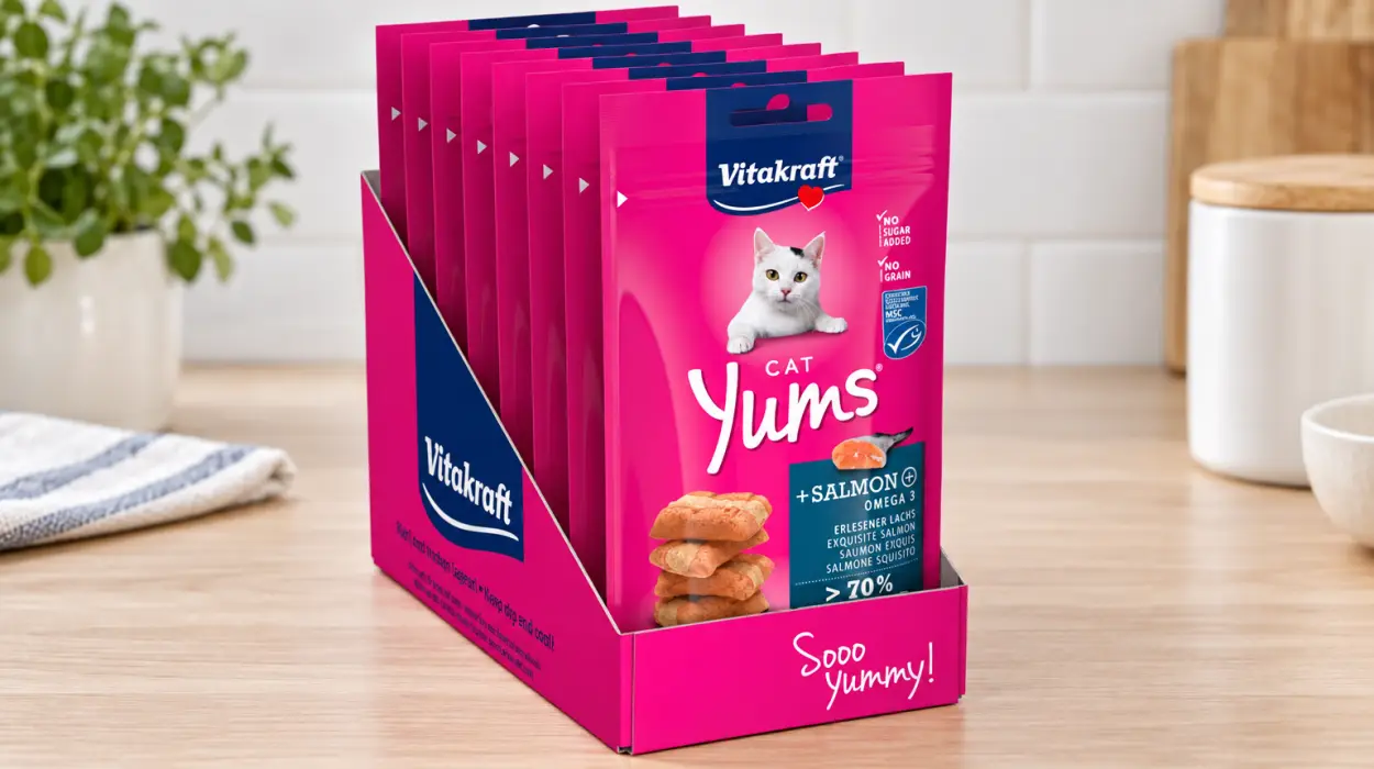 Pack x9 Vitakraft Cat YUMS, snacks blandos para gatos rellenos de salmón de 40 g cada bolsa