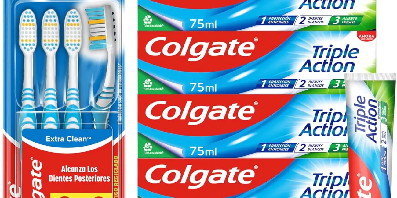Pack x 6 Pasta de Dientes Colgate Triple Acción + 4 Cepillos Extra Clean Dureza Media