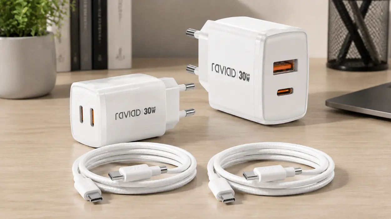 Pack x2 cargadores RAVIAD GaN de 30 W con cable USB-C de 2 m