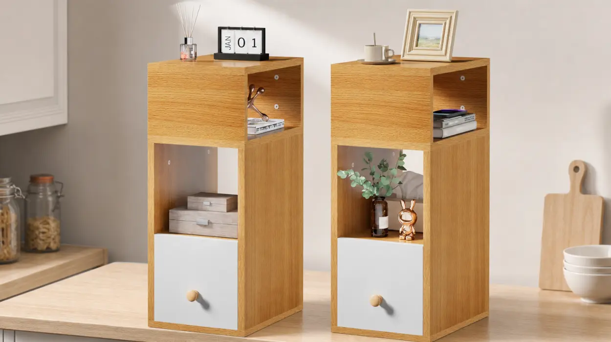 Pack x2 Mesitas de noche elegantes y estrechas, ideales si tienes poco espacio junto a la cama