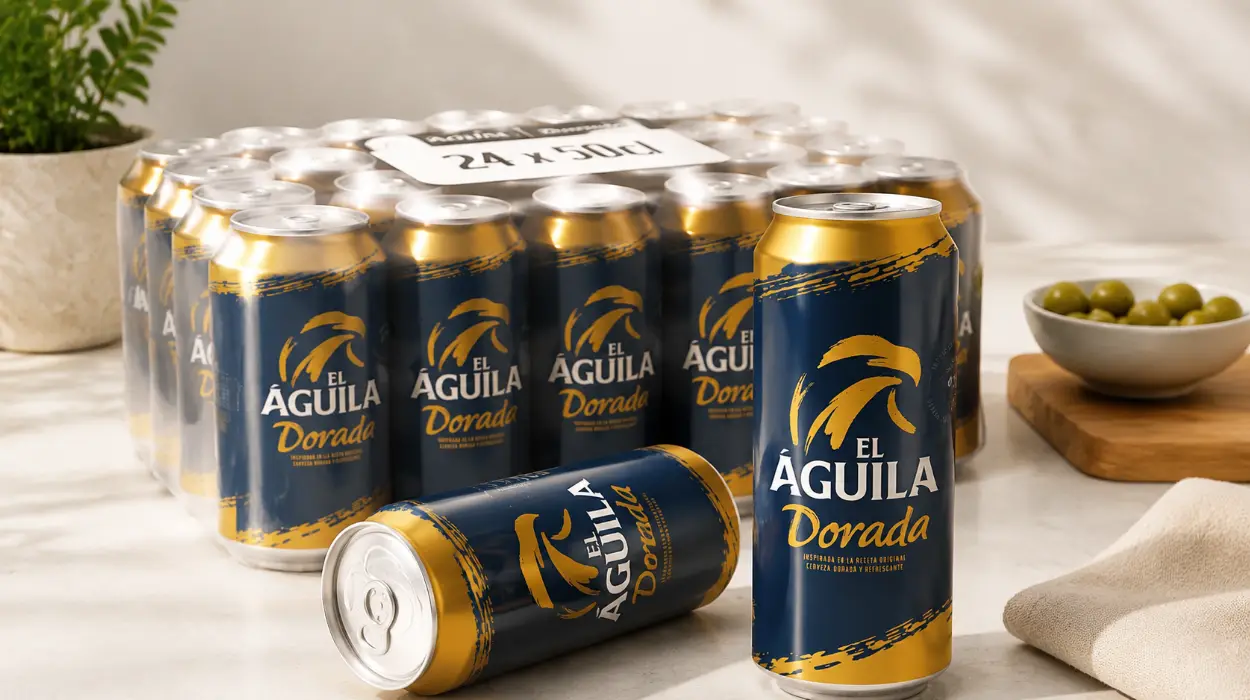 Pack de 24 latas de cerveza El Águila Dorada Lager Especial de 50 cl