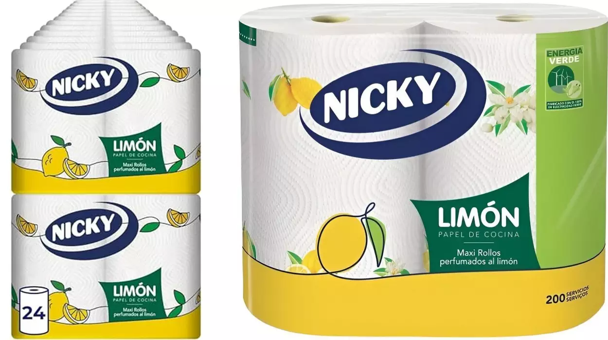 Pack x24 Rollos de papel de cocina extra absorbente Nicky Limón de 100 hojas y 2 capas por rollo