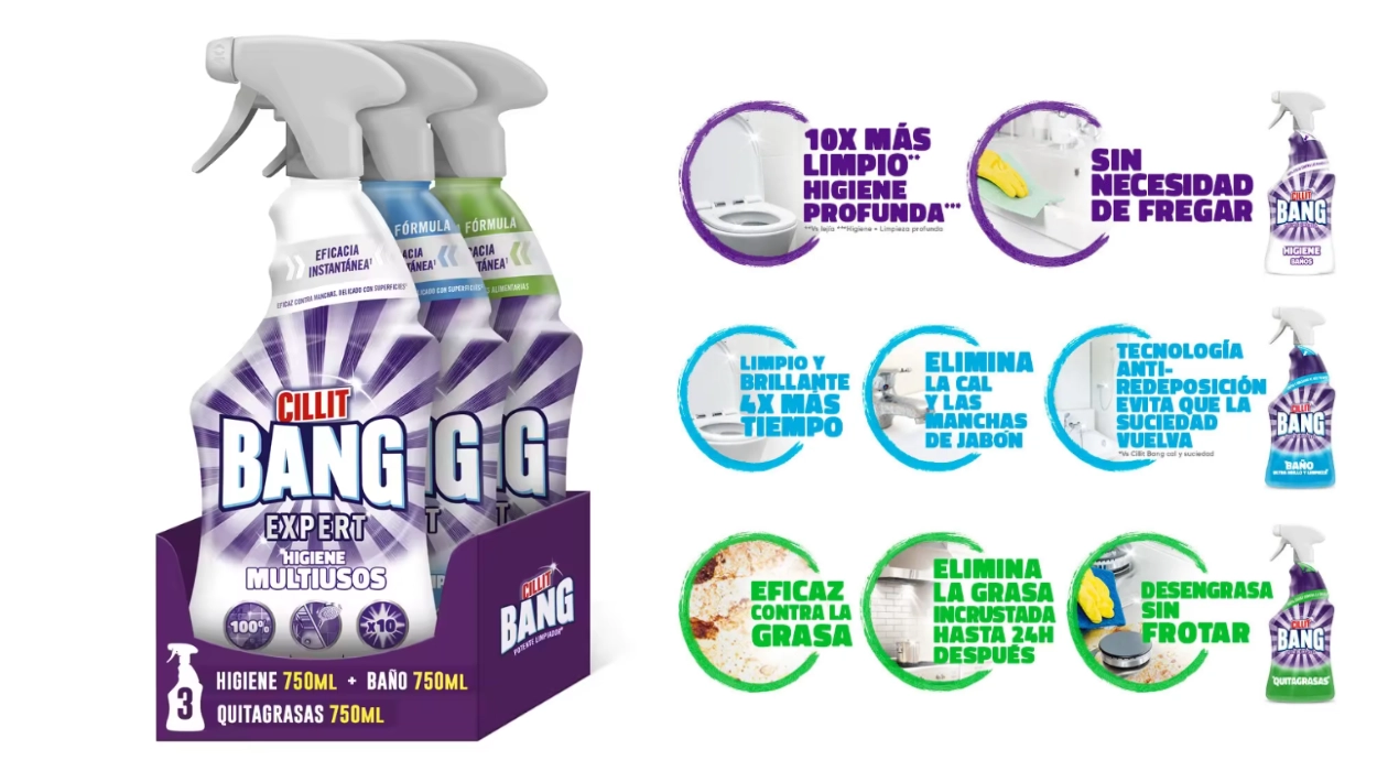pack x3 sprays Cillit Bang de 750 ml (Higiene + Baño + Quitagrasas)
