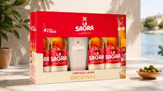 Pack x4 cervezas La Sagra Lager de 330 ml con vaso