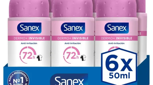 Pack x6 Sanex Dermo+ Invisible, desodorante antitranspirante roll-on de 72 horas