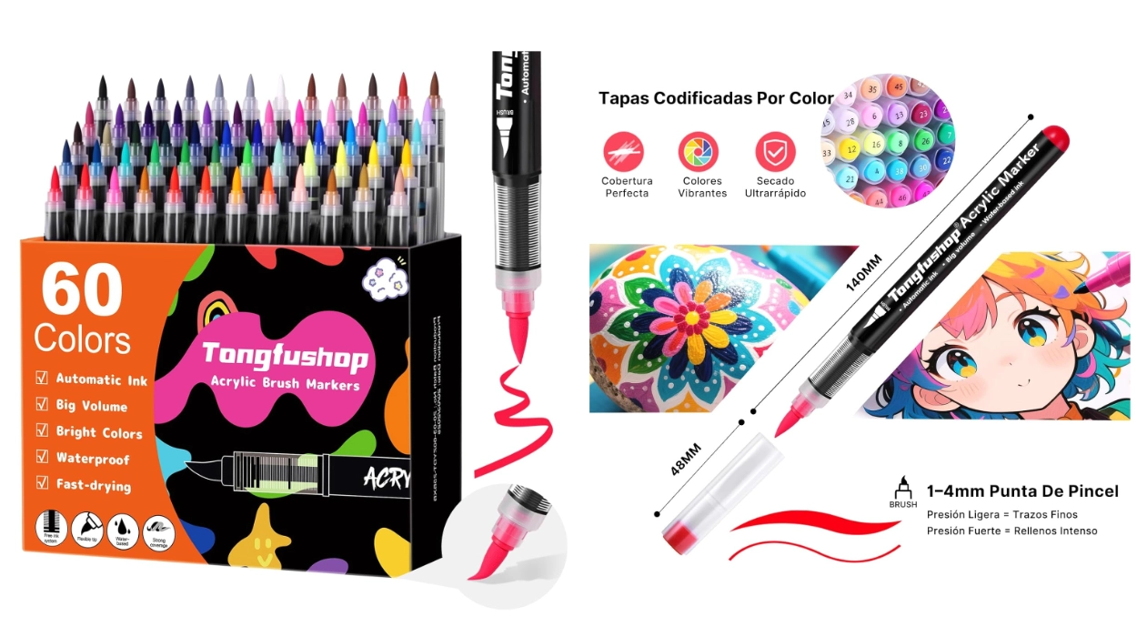 pack x60 rotuladores acrílicos con punta de pincel Tongfushop