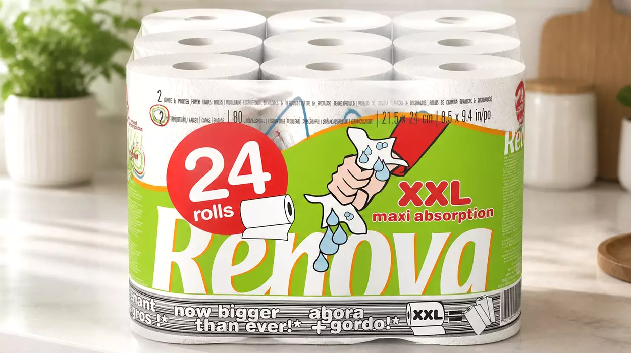 Pack XXL con 12 rollos de papel de cocina dobles Renova que absorbe y dura más