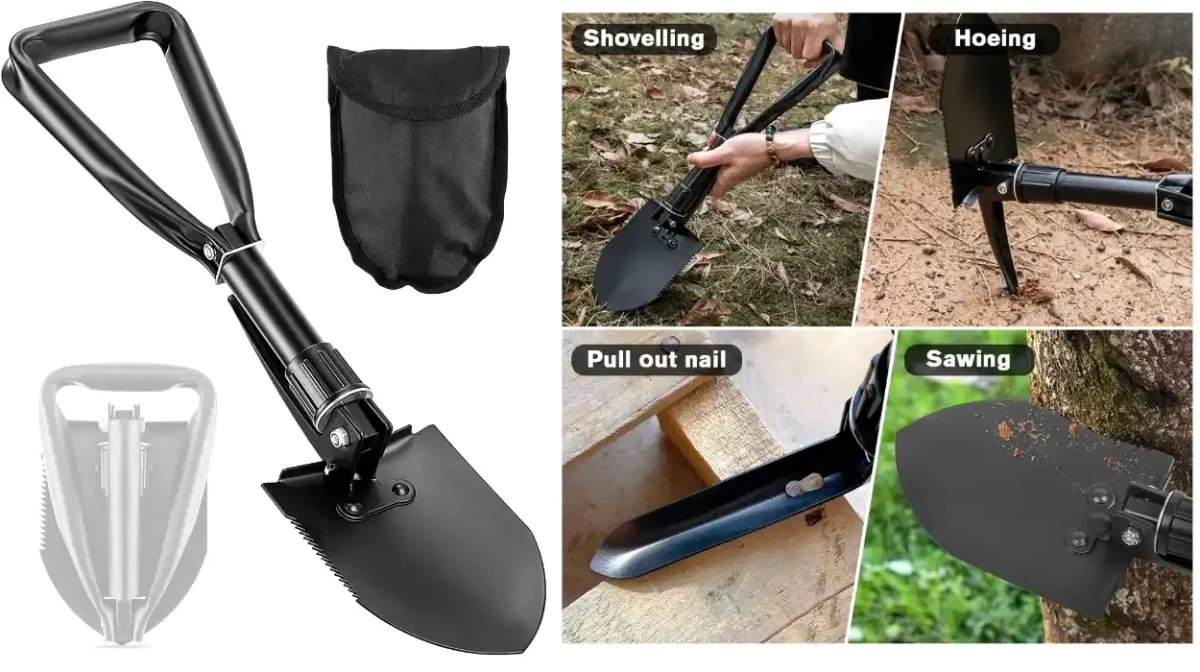 Esta pala plegable de acero de 47 cm al carbono es una herramienta útil para camping, salidas en coche o emergencias,