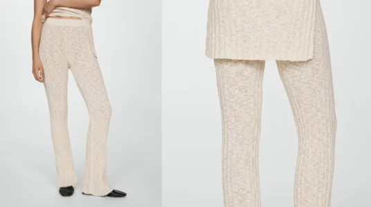 pantalón acampanado de punto canalé Mango Outlet para mujer