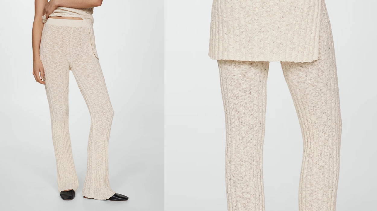 pantalón acampanado de punto canalé Mango Outlet para mujer