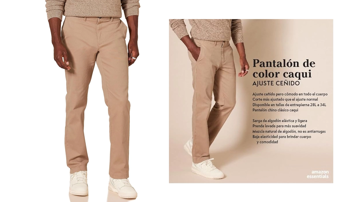 pantalón chino pitillo elástico Amazon Essentials hombre barato
