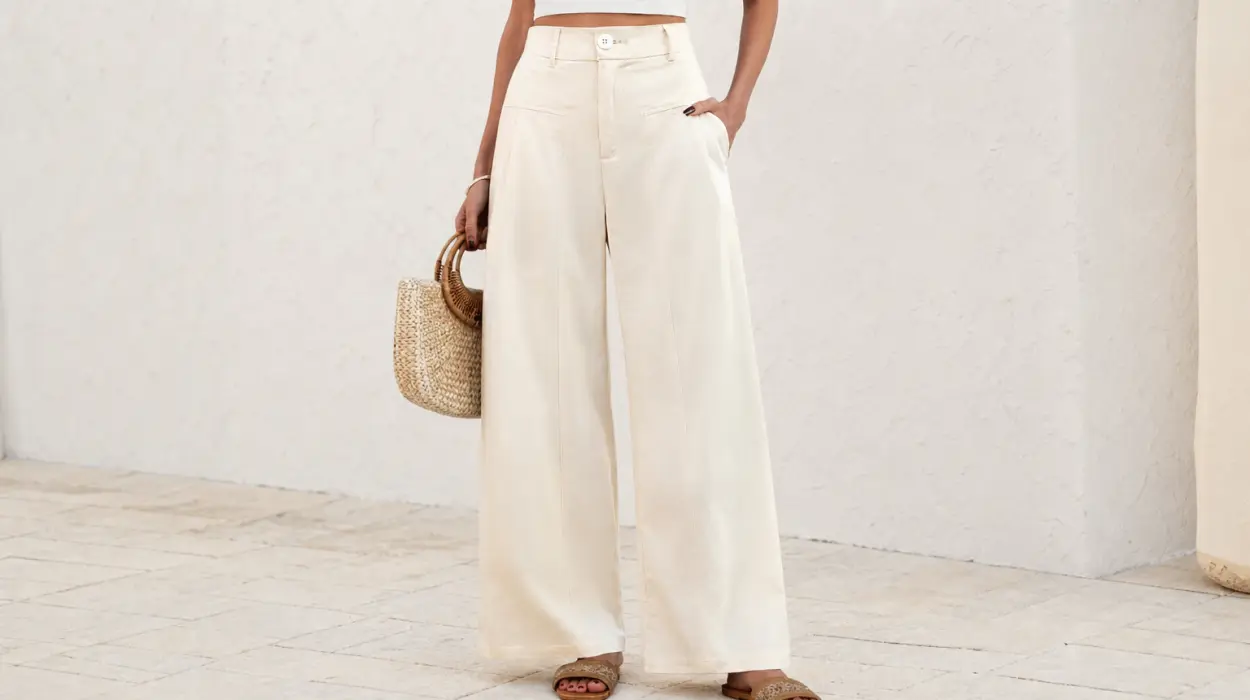 Pantalón de lino Heekpek fluido de pierna ancha y cintura elástica para mujer