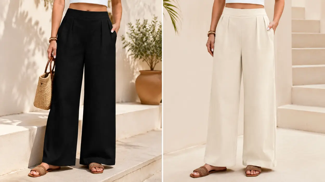 Pantalones de verano para mujer heekpek en algodón, anchos y con bolsillos