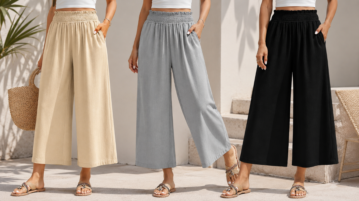 A la moda y frescos: pantalones de lino con cintura elástica y bolsillos para mujer