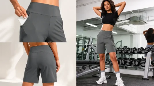 Pantalones cortos deportivos para mujer Litherday, gris oscuro, cintura alta y secado rápido